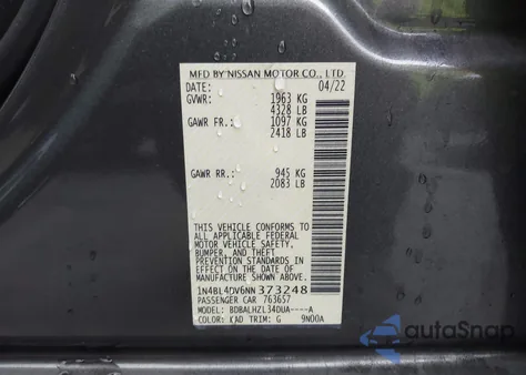 2022 Nissan Altima Sv Fwd from USA, damaged, VIN 1N4BL4DV6NN373248